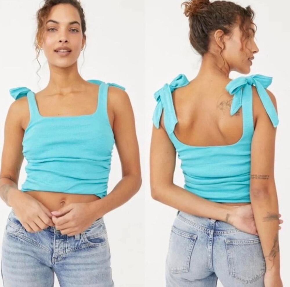 Free People Aqua Blue Tie Up Bow Tank Gathered Top Beachy Boho Size Medium